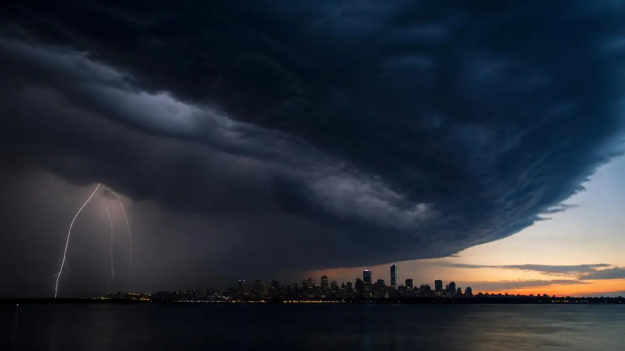 Tormenta aproximándose a una ciudad al atardecer